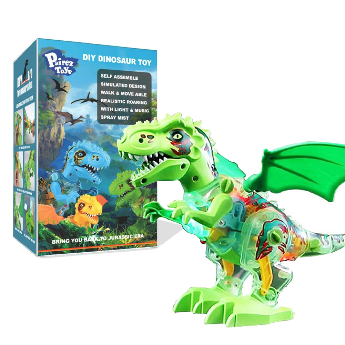 Pairez Toys Electronic Walking Dinosaur T-Rex, Water Mist Spray, Roaring Sound, Take Apart, with Light & Music, Gifts for Boys & Girls, Toddler & Kids