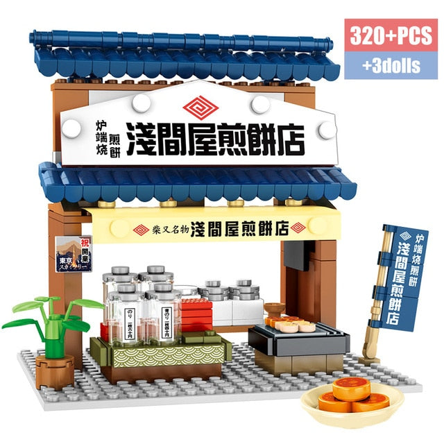 Japanese Street Retail Shops of Wine, Food, Seafood, Sushi.. Street Architecture Restaurants Building Bricks Set for Kids