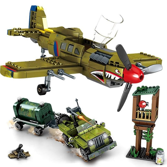 WW2 US Army P-40 Fighter & Olane Truck Building Set For Kids 649PCS