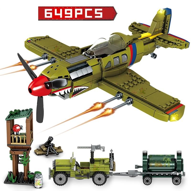 WW2 US Army P-40 Fighter & Olane Truck Building Set For Kids 649PCS