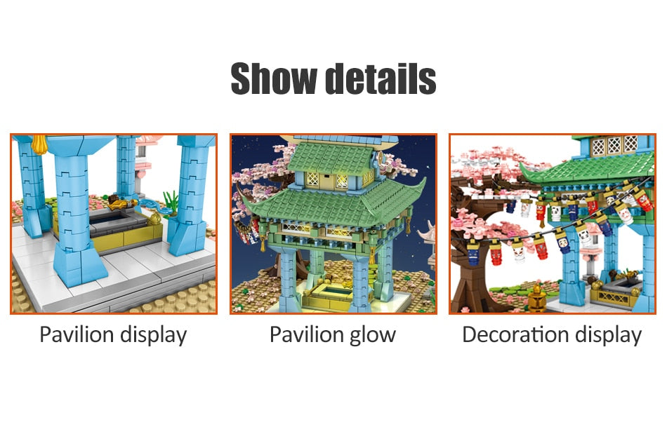 Japanese Sakura Street Scenery, Sakura River, Cherry Blossom Tunnel, Sakura Pavilion Building Bricks Set with Light