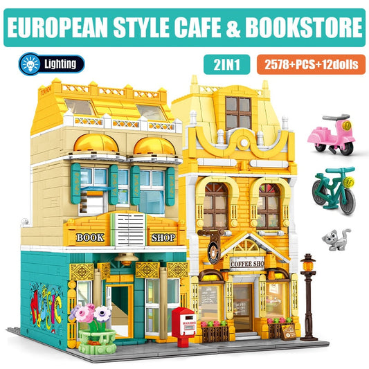 European City Street View Cafe Shop & Bookstore Building Blocks Toy Set w LED Light
