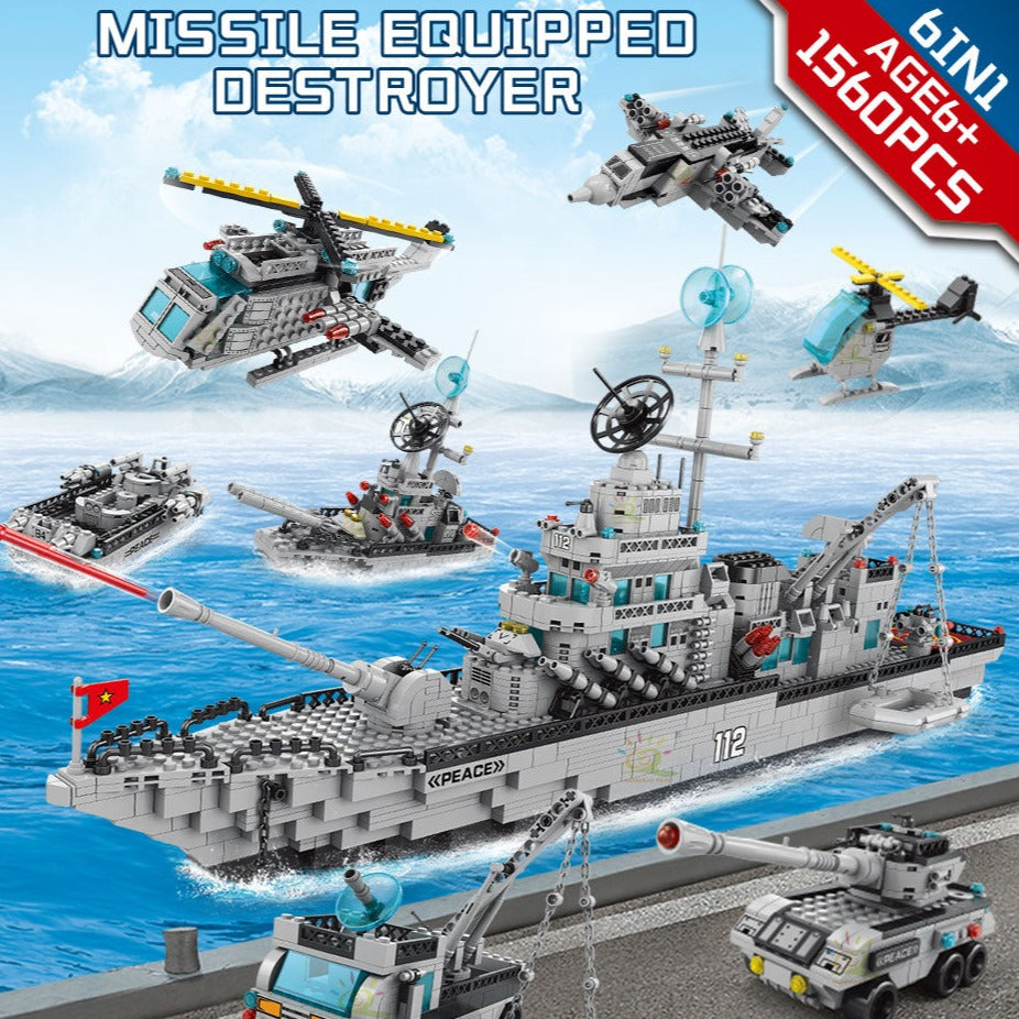 Military 6in1 Aircraft Warship Cruiser Building Blocks Helicopter Ship Plane 1560PCS