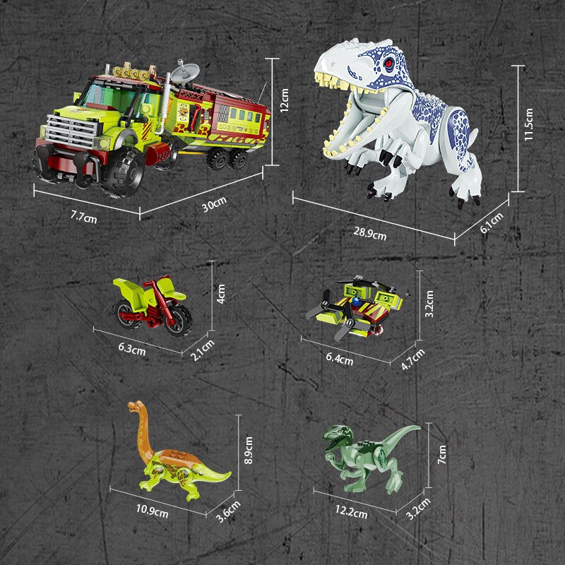 Jurassic Dinosaurs with Truck, Motorbike Building Set, 539 PCS