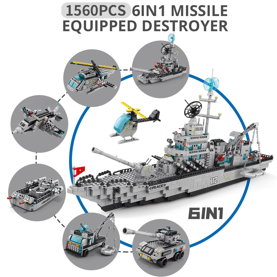 Military 6in1 Aircraft Warship Cruiser Building Blocks Helicopter Ship Plane 1560PCS