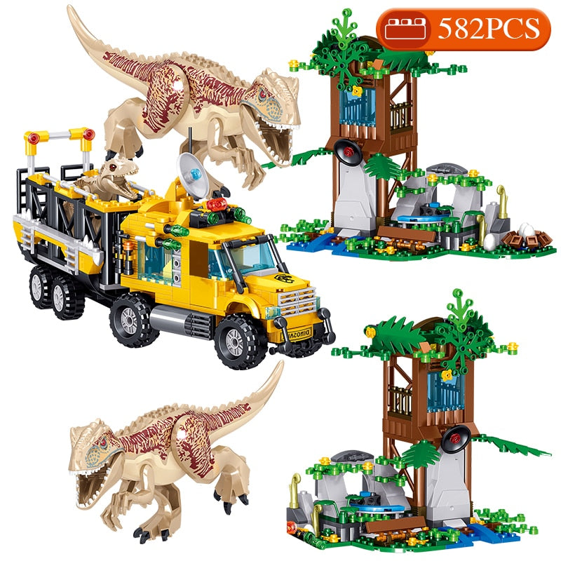 Jurassic Dinosaurs with Truck and buildings, Construction Building Toys, 582PCS