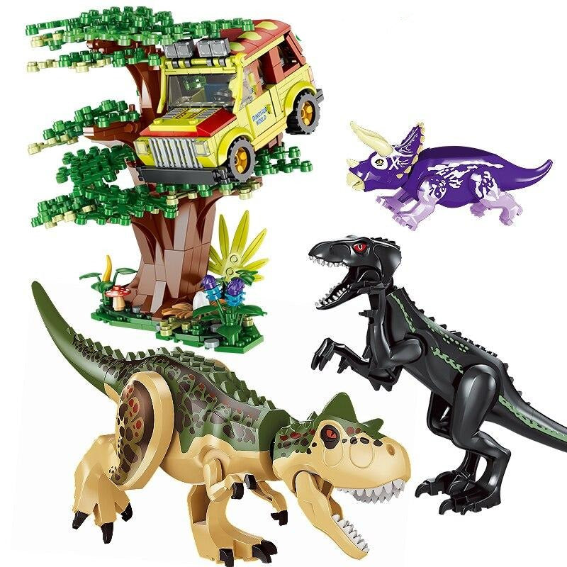 Jurassic Dinosaurs Building Toys Set with Tree and Car, 602 PCS