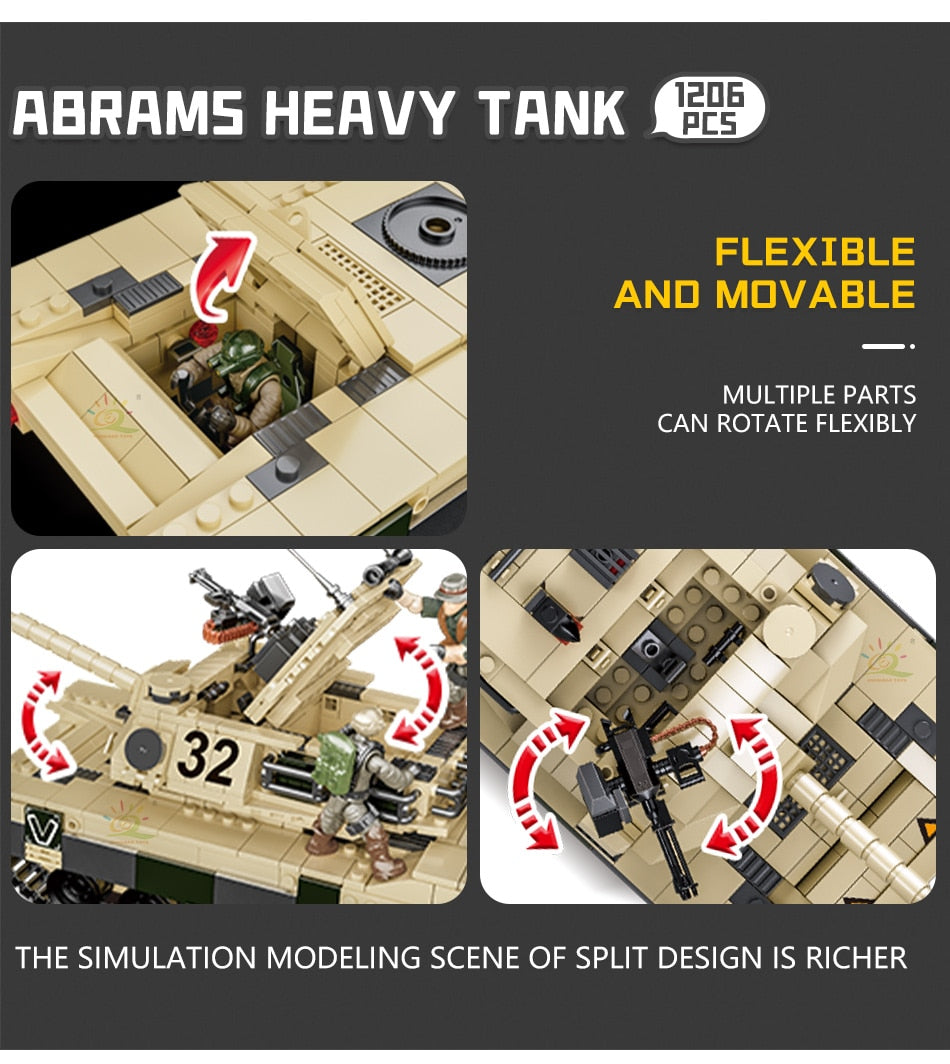WW2 Military Abrams Heavy Tank Model Building Blocks Set 1206PCS